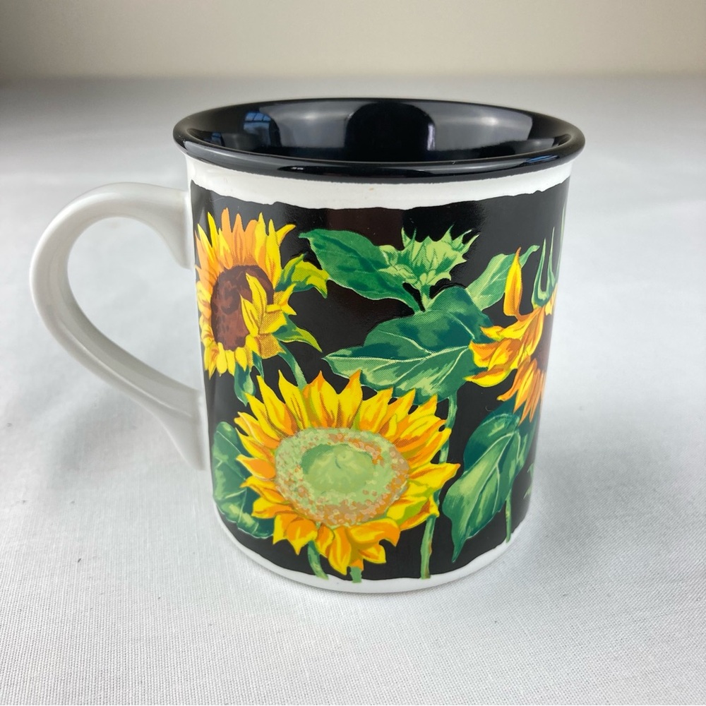 Vintage Potpourri Press Sunflowers On Black Coffee Cup Mug 1991